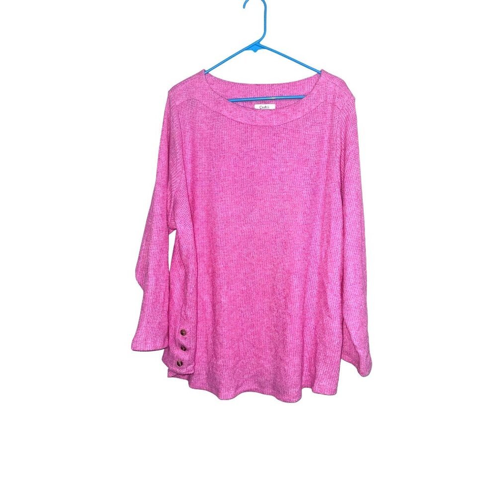 Croft & Barrow Womens Plus 2X Pink Waffle Knit Long Sleeve Top Side Button Accen